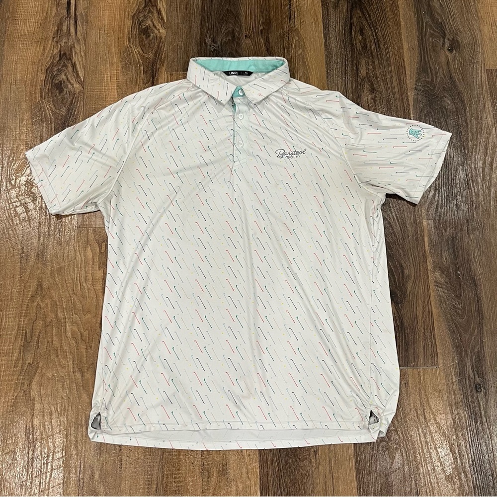 UNRL Barstool Golf Polo White Athletic Fit Golf Clubs Print Zurich Classic